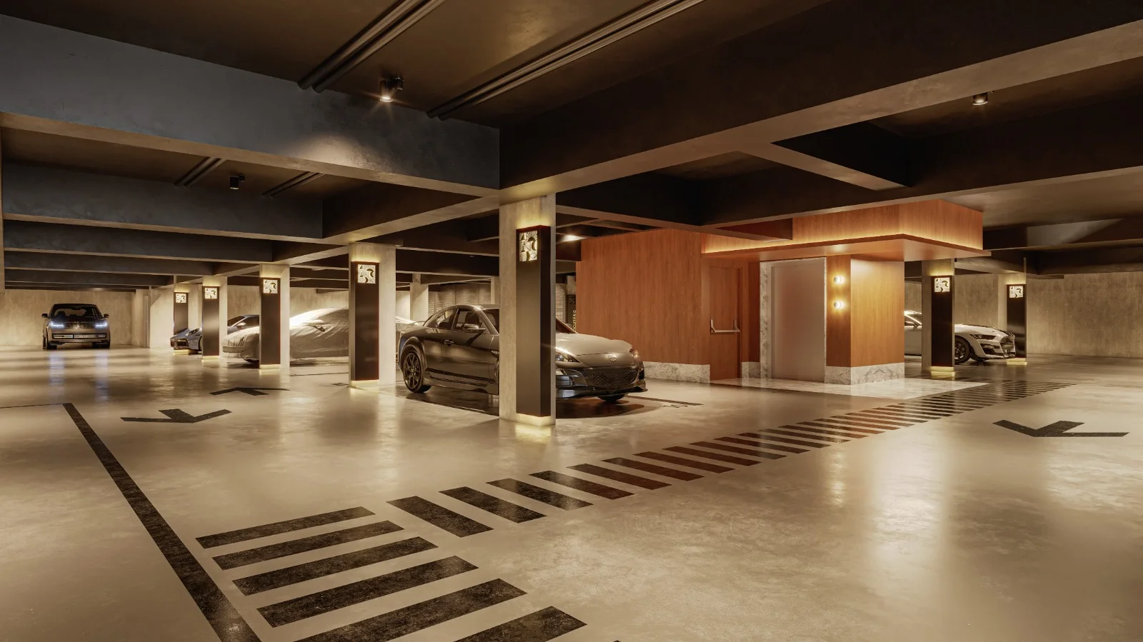 Garagem fechada com piso em concreto polido e som ambiente.