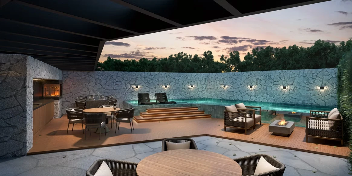 Piscina aquecida iluminada ao entardecer
